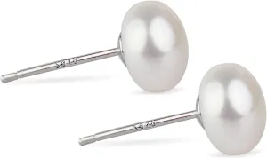 Natural Freshwater Pearl Earrings for Women, 8-9mm Small Flat Round Hypoallergenic Sterling Silver Studs, Elegant Simple Jewelry for Daily Wear, Weddings & Gifts