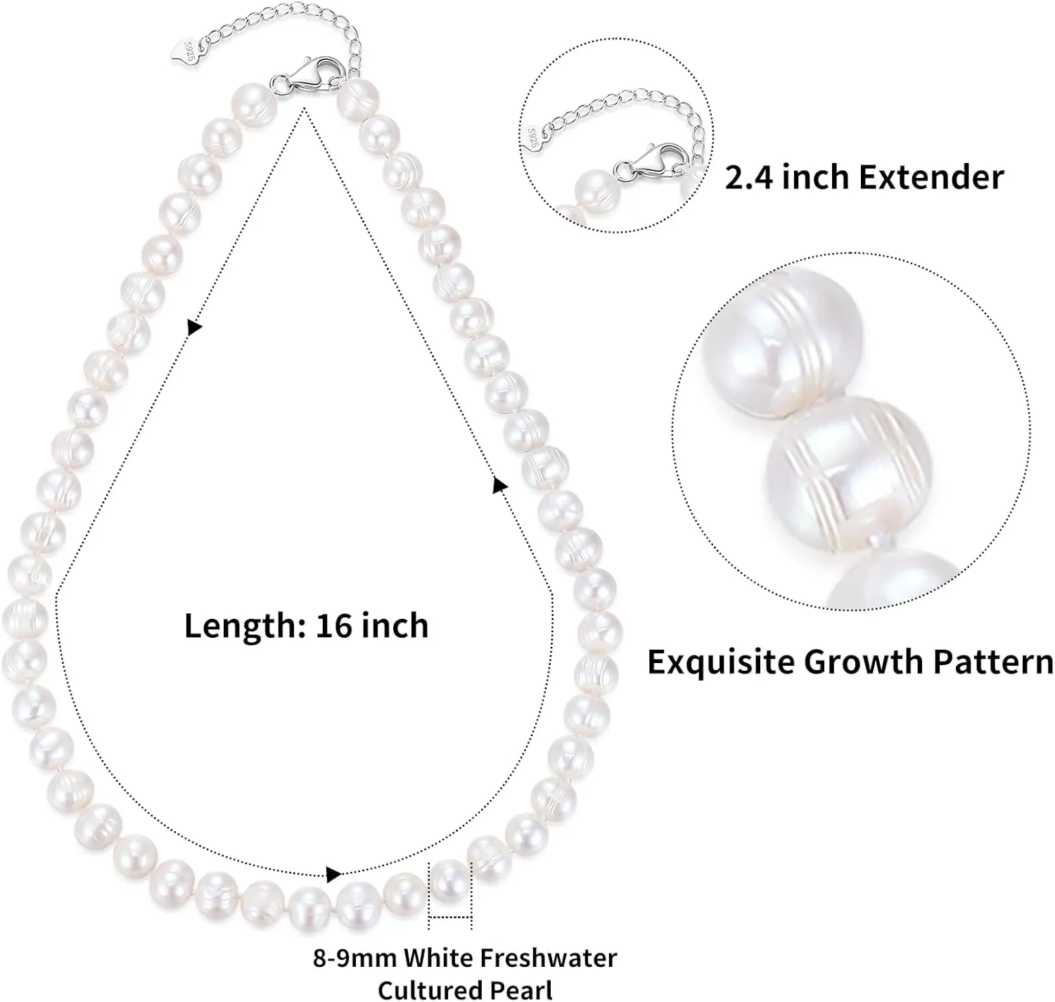 Natural Texture Classic White Freshwater Cultured Pearl Necklace for Women 8.0-9.0 mm, 9.0-10.0 mm, 11.0-12.0 mm