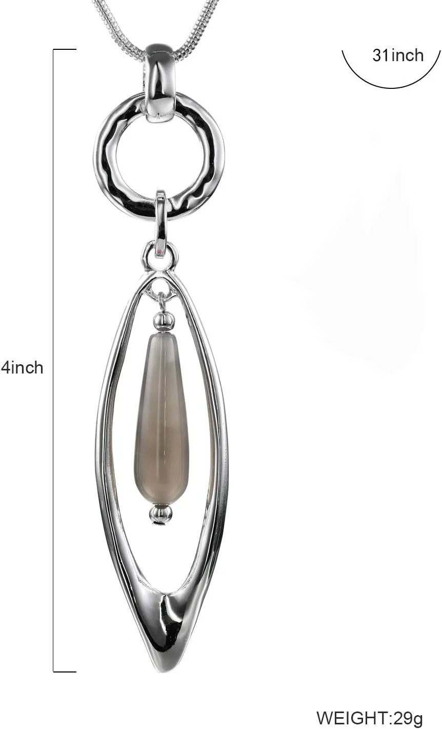 Necklace for Women Fashion Jewelry Bohemian Long Natural Stone Pendant Statement Silver Y Necklaces with Gift Box