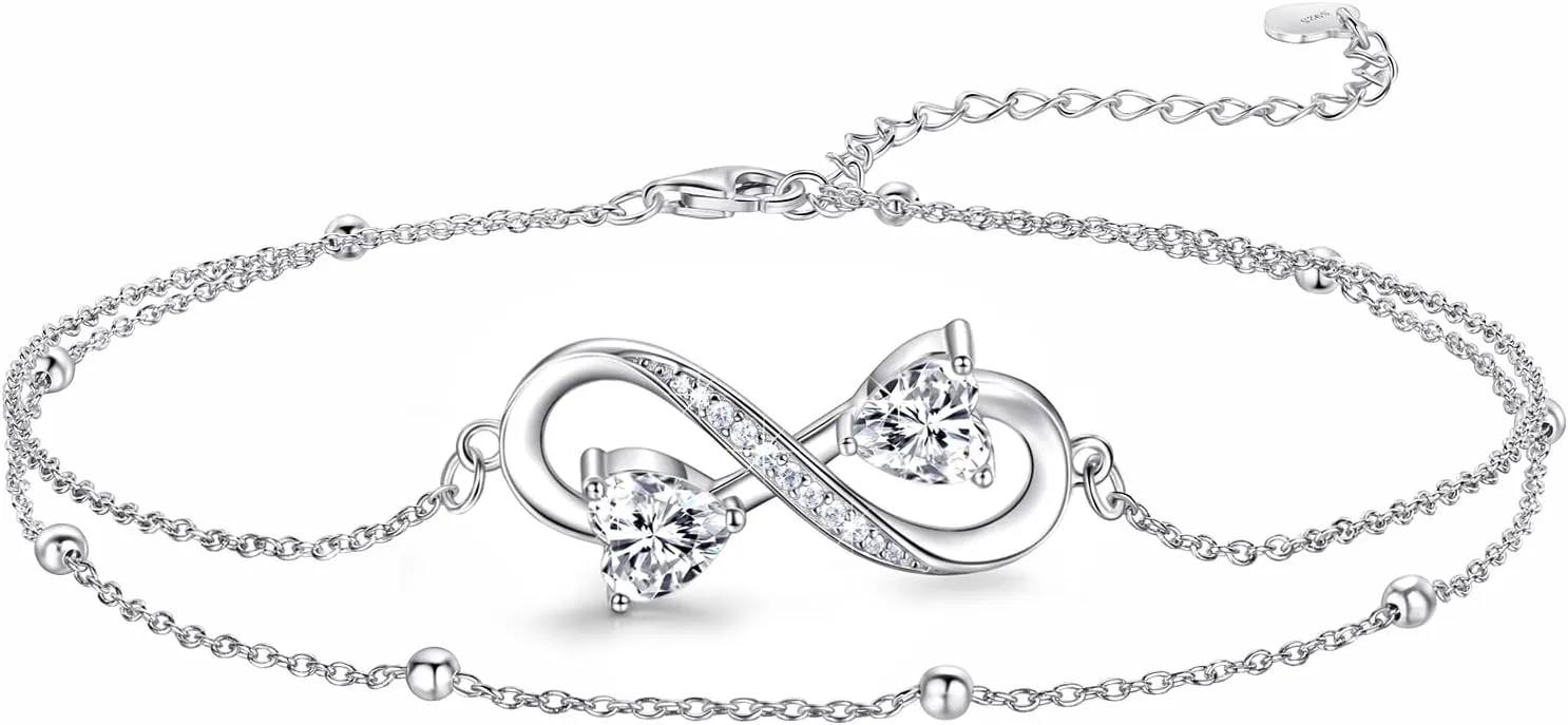 NINAMAID Anklet Bracelets For Women, 925 Sterling Silver Infinity Anklet For Women Adjustable Beach Women's Anklets Jewelry Gifts for Women