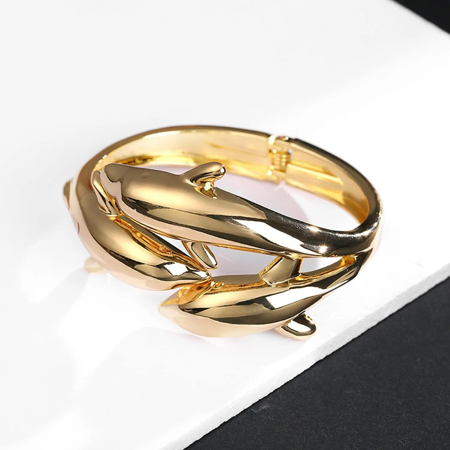 ODETOJOY Dolphin Bracelets for Women 18K Gold Silver Plated Cute Dolphin Bangle Bracelets for Girls Wristband Marine Wildlife Open Bracelet Cuff Animal Elegant Jewelry for Ladies