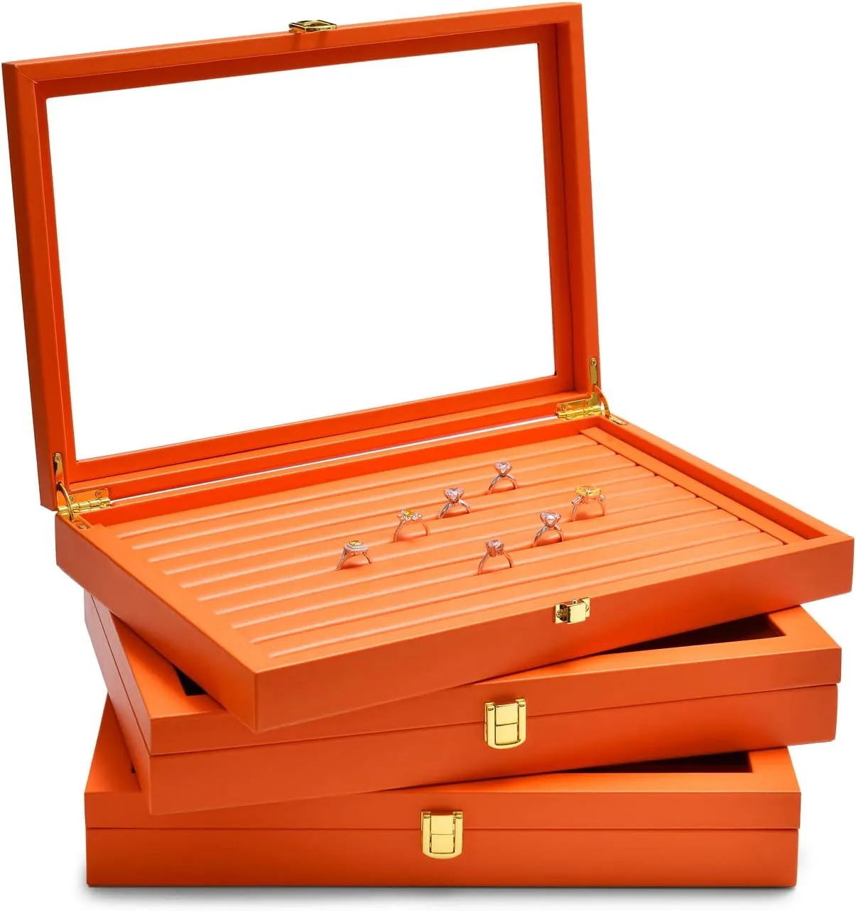 Oirlv Clear Lid Flat Jewelry Tray Stackable Display Storage Box Premium Leather Drawer Insert Jewelry Display Box for Rings Earrings Necklaces Bracelet Women Gift