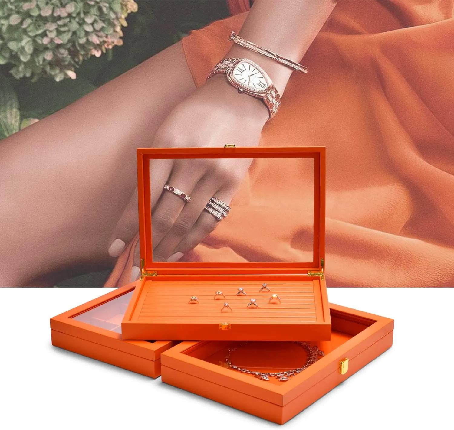 Oirlv Clear Lid Flat Jewelry Tray Stackable Display Storage Box Premium Leather Drawer Insert Jewelry Display Box for Rings Earrings Necklaces Bracelet Women Gift