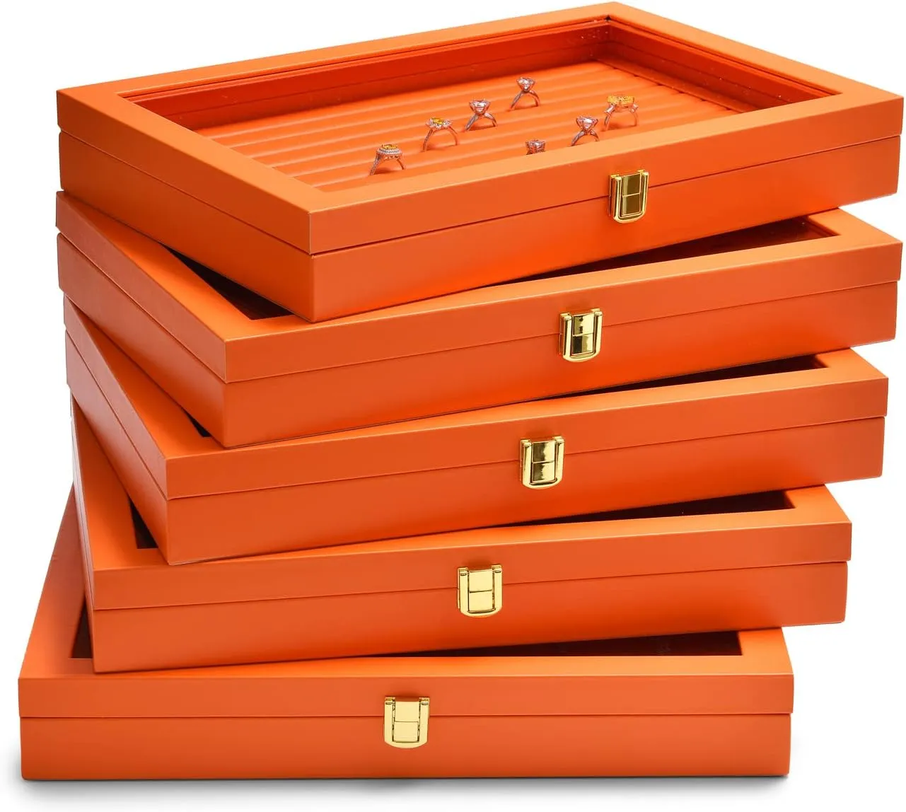 Oirlv Clear Lid Flat Jewelry Tray Stackable Display Storage Box Premium Leather Drawer Insert Jewelry Display Box for Rings Earrings Necklaces Bracelet Women Gift