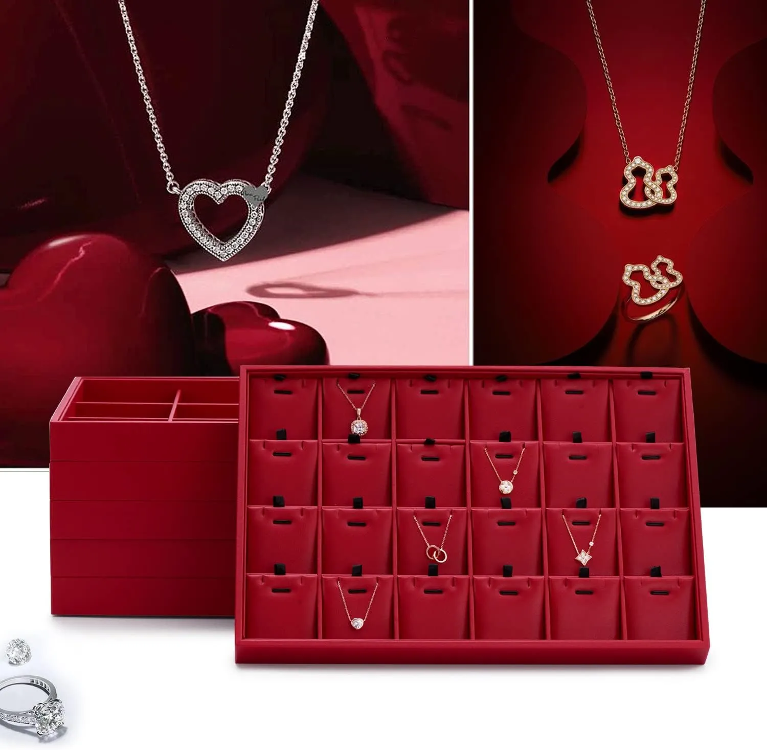 Oirlv Gorgeous Red Leather Jewelry Tray Necklace Bracelet Long Chain Storage Stackable Necklace Trays Jewelry Drawer Organizer