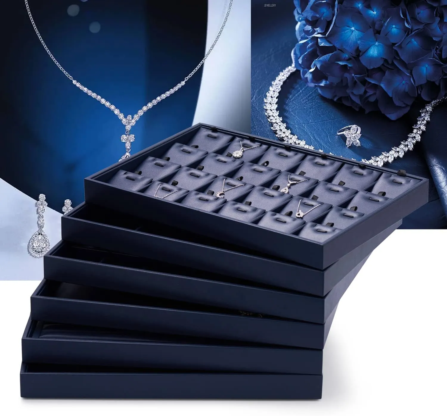 Oirlv Stackable Necklace Pendant Bracelet Organizer Tray Blue Leather Jewelry Drawer Organizer Trays