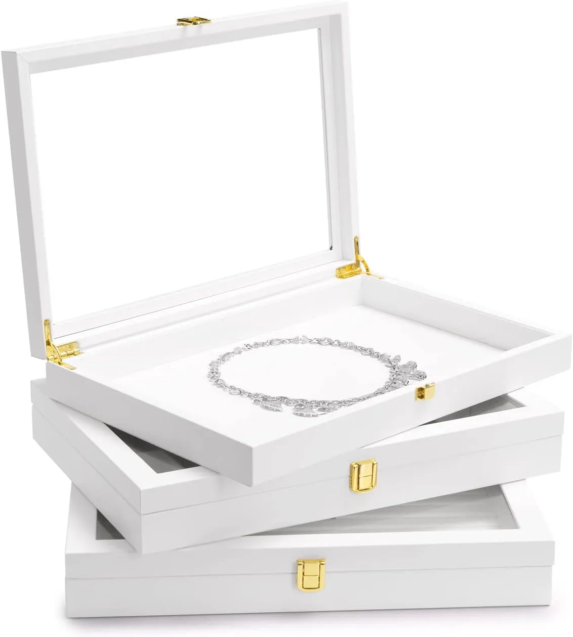 Oirlv White Jewelry Organizer Tray with Acrylic Lid Premium Leather Jewelry Box with Transparent Lid Drawer Insert Big Necklace Display Case(Flat Tray)