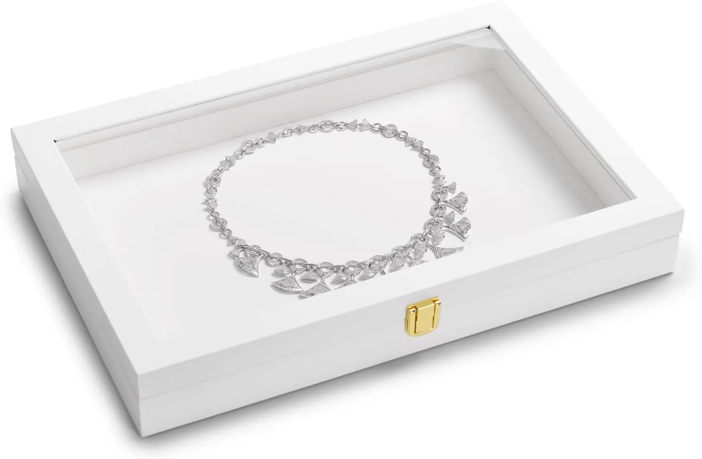 Oirlv White Jewelry Organizer Tray with Acrylic Lid Premium Leather Jewelry Box with Transparent Lid Drawer Insert Big Necklace Display Case(Flat Tray)