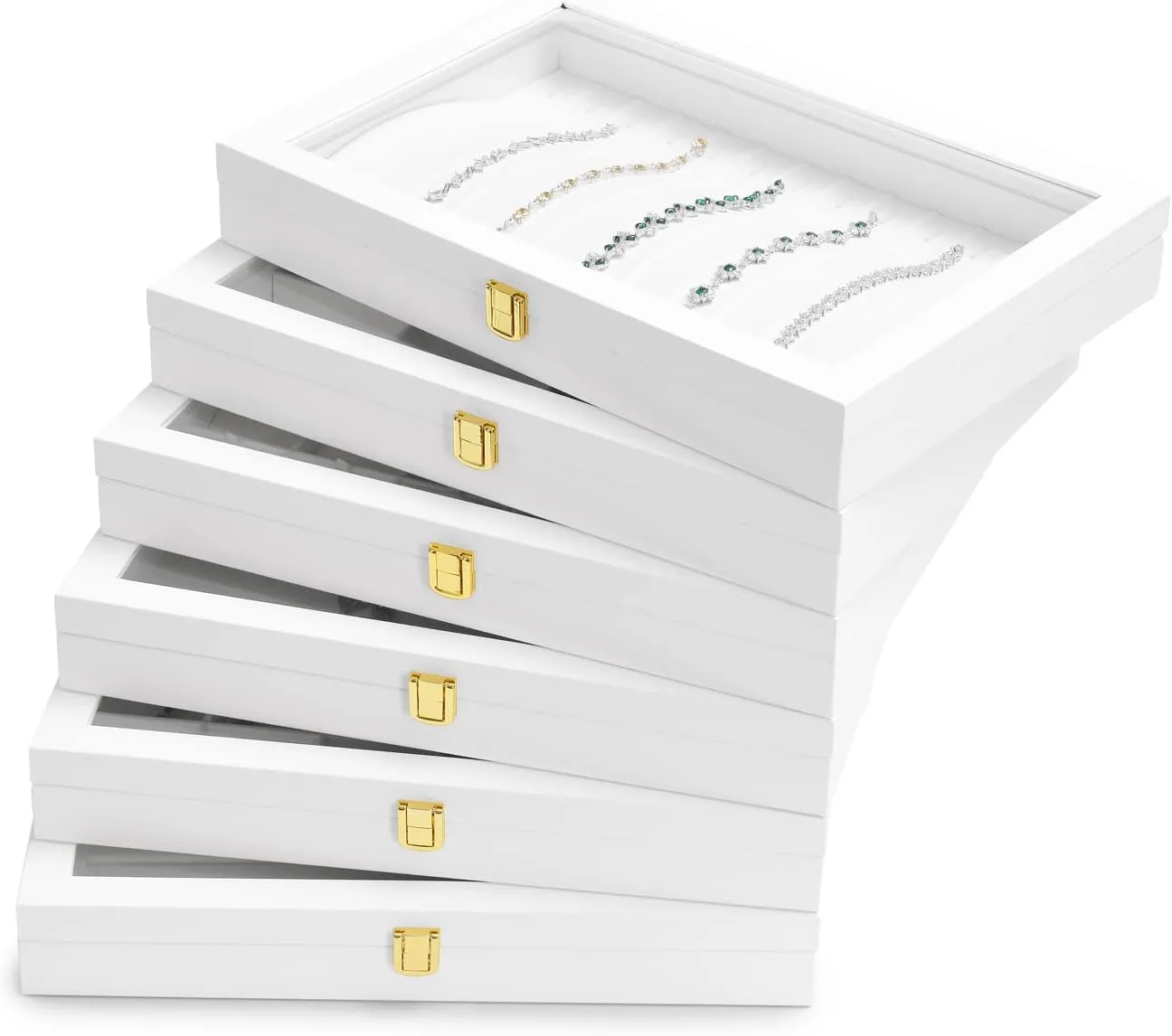 Oirlv White Jewelry Organizer Tray with Acrylic Lid Premium Leather Jewelry Box with Transparent Lid Drawer Insert Big Necklace Display Case(Flat Tray)