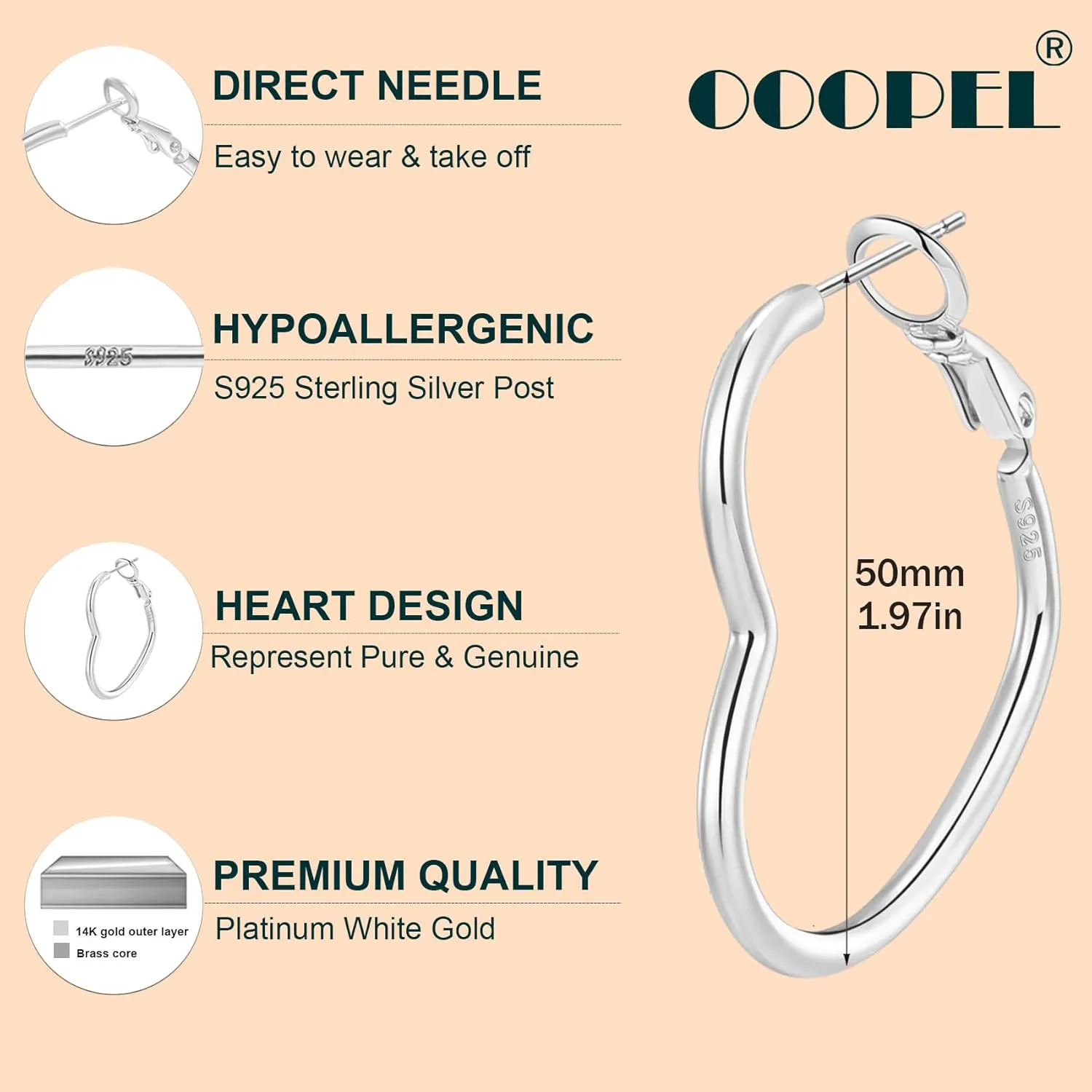 OOOPEL 2mm Thin 3D Laser-Cut Silver Heart Hoop Earrings for Women Gold Plating S925 Silver Post Heart Hoops Minimalist Gold Heart Shaped Hoops for Work/Travel/Gift