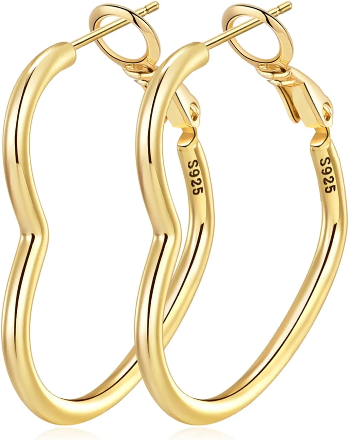 OOOPEL 2mm Thin 3D Laser-Cut Silver Heart Hoop Earrings for Women Gold Plating S925 Silver Post Heart Hoops Minimalist Gold Heart Shaped Hoops for Work/Travel/Gift