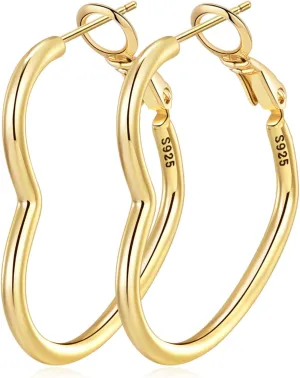 OOOPEL 2mm Thin 3D Laser-Cut Silver Heart Hoop Earrings for Women Gold Plating S925 Silver Post Heart Hoops Minimalist Gold Heart Shaped Hoops for Work/Travel/Gift