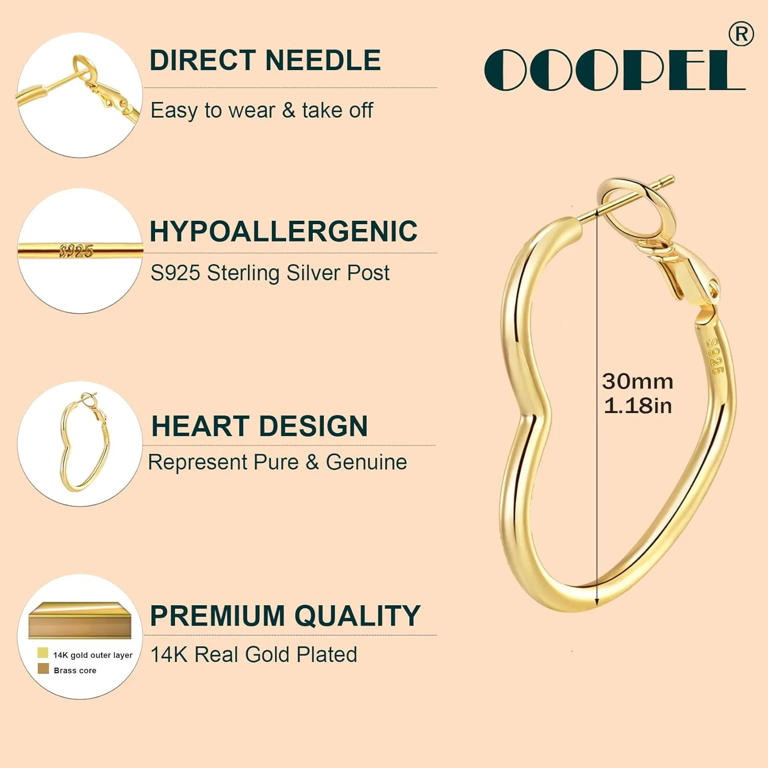OOOPEL 2mm Thin 3D Laser-Cut Silver Heart Hoop Earrings for Women Gold Plating S925 Silver Post Heart Hoops Minimalist Gold Heart Shaped Hoops for Work/Travel/Gift