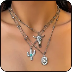 Otxas Boho Necklace for Women Set Layered Western Necklaces for Women Turquoise Beaded Choker Necklace Stack Round Pendant Necklace Western Jewelry for Women