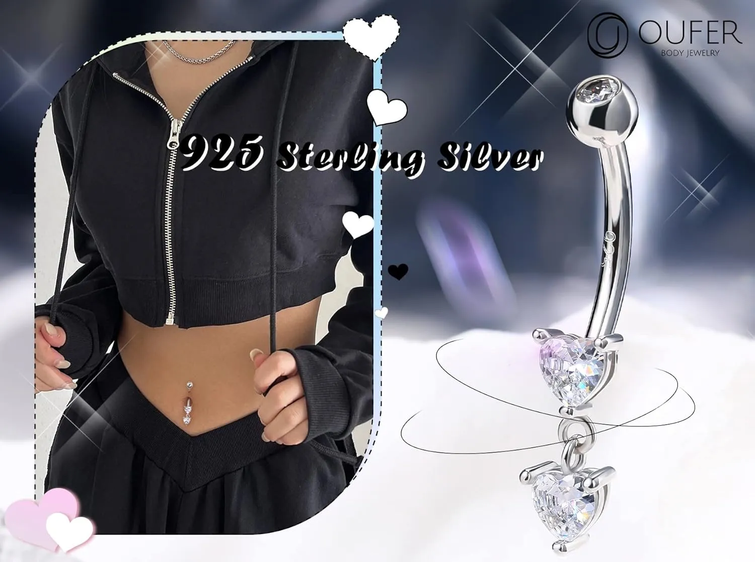 OUFER 14G Belly Rings, Dangle Belly Button Ring, 925 Sterling Silver Flower Belly Piercing Jewlery, Clear CZ Navel Piercing Jewelry for Women Men