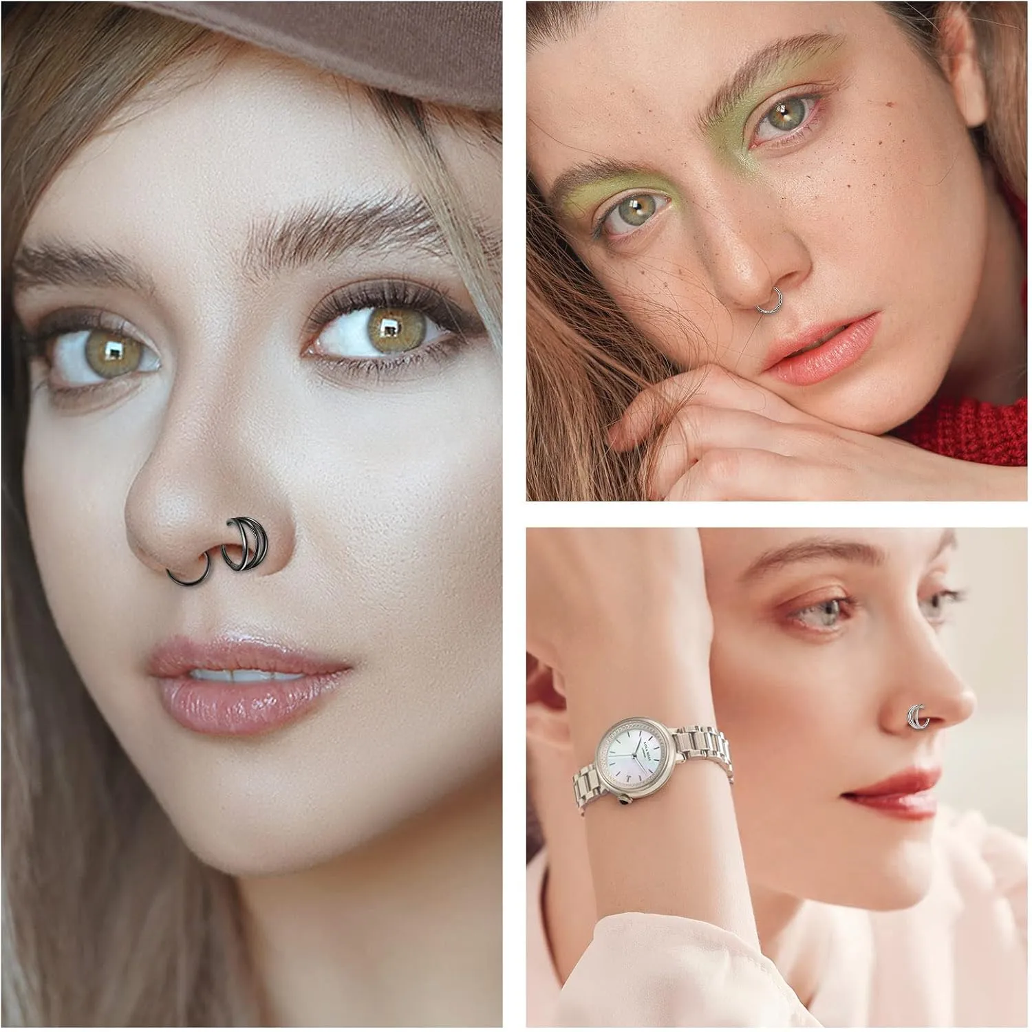 Oyaface 3 Pcs 16G Layers Nose Rings Hoops Cartilage Earrings Black Silver 316L Stainless Steel Hinged Seamless Clicker Piercing Jewelry 8MM/10MM