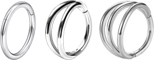 Oyaface 3 Pcs 16G Layers Nose Rings Hoops Cartilage Earrings Black Silver 316L Stainless Steel Hinged Seamless Clicker Piercing Jewelry 8MM/10MM