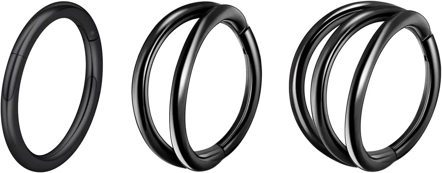 Oyaface 3 Pcs 16G Layers Nose Rings Hoops Cartilage Earrings Black Silver 316L Stainless Steel Hinged Seamless Clicker Piercing Jewelry 8MM/10MM
