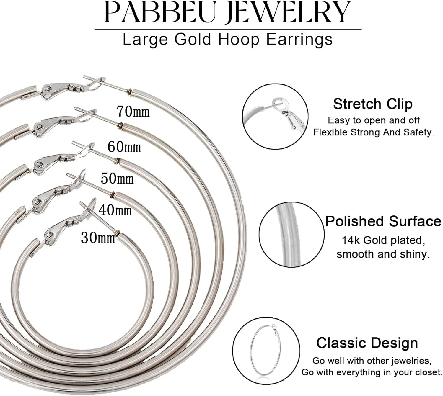 PABBEU Silver Hoop Earrings Large 316L Stainless Steel Earrings Lightweight Silver Earrings Hypoallergenic Big Thin Silver Earrings for Women s Boucle Doreille Femme 25/30/40/50/60/70mm