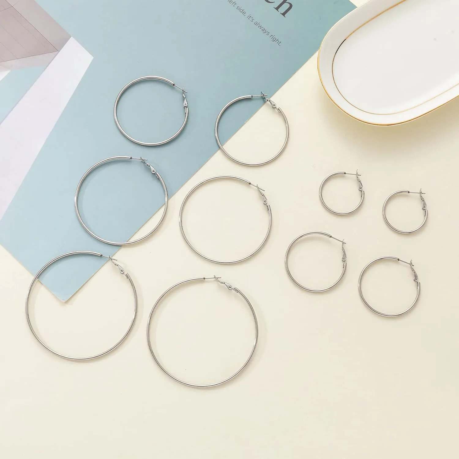 PABBEU Silver Hoop Earrings Large 316L Stainless Steel Earrings Lightweight Silver Earrings Hypoallergenic Big Thin Silver Earrings for Women s Boucle Doreille Femme 25/30/40/50/60/70mm