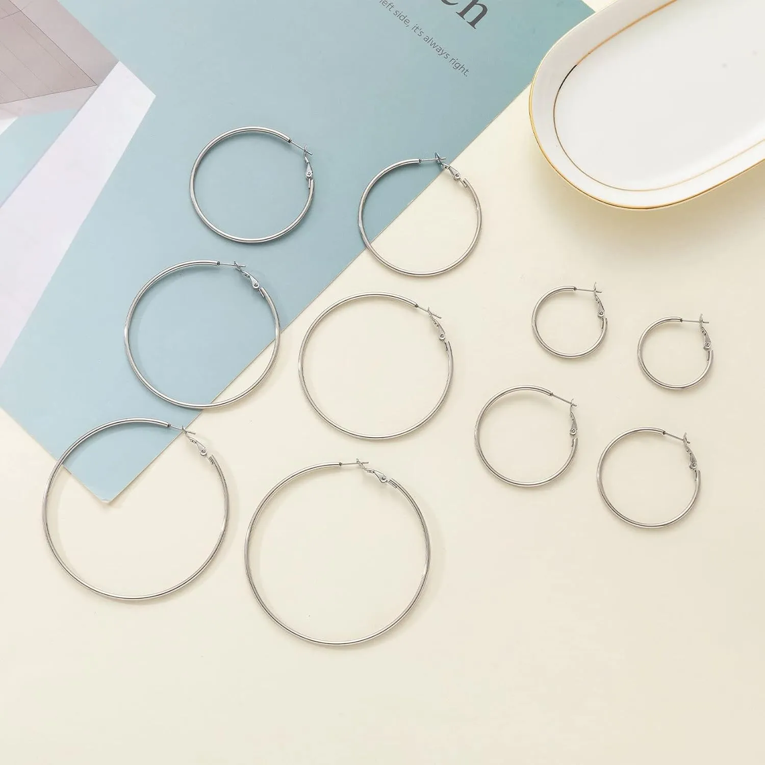 PABBEU Silver Hoop Earrings Large 316L Stainless Steel Earrings Lightweight Silver Earrings Hypoallergenic Big Thin Silver Earrings for Women s Boucle Doreille Femme 25/30/40/50/60/70mm