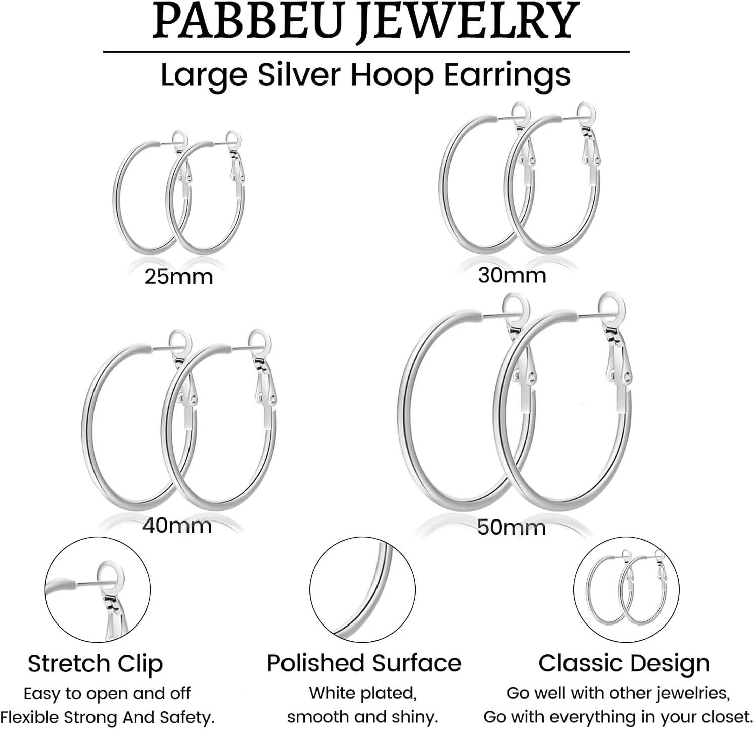 PABBEU Silver Hoop Earrings Large 316L Stainless Steel Earrings Lightweight Silver Earrings Hypoallergenic Big Thin Silver Earrings for Women s Boucle Doreille Femme 25/30/40/50/60/70mm