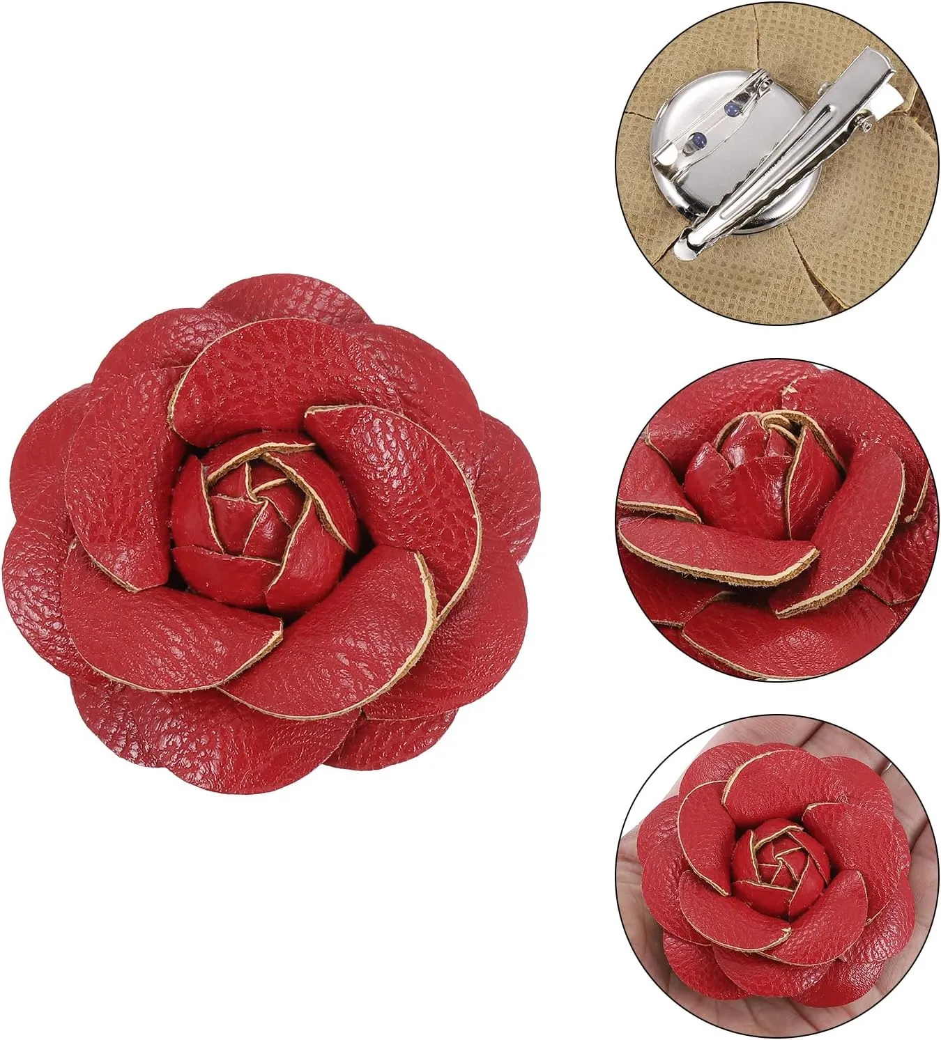 PATIKIL Flower Hair Clips, Camellia Hairpin Floral Brooches Pin Handmade Leather Flower Brooch for Lady Bridal Women Hat Dress