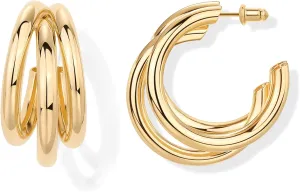 PAVOI 14K Gold Plated Chunky Multi Hoop Earrings for Women | Hypoallergenic Trendy Triple Split Loop Huggie Earrings