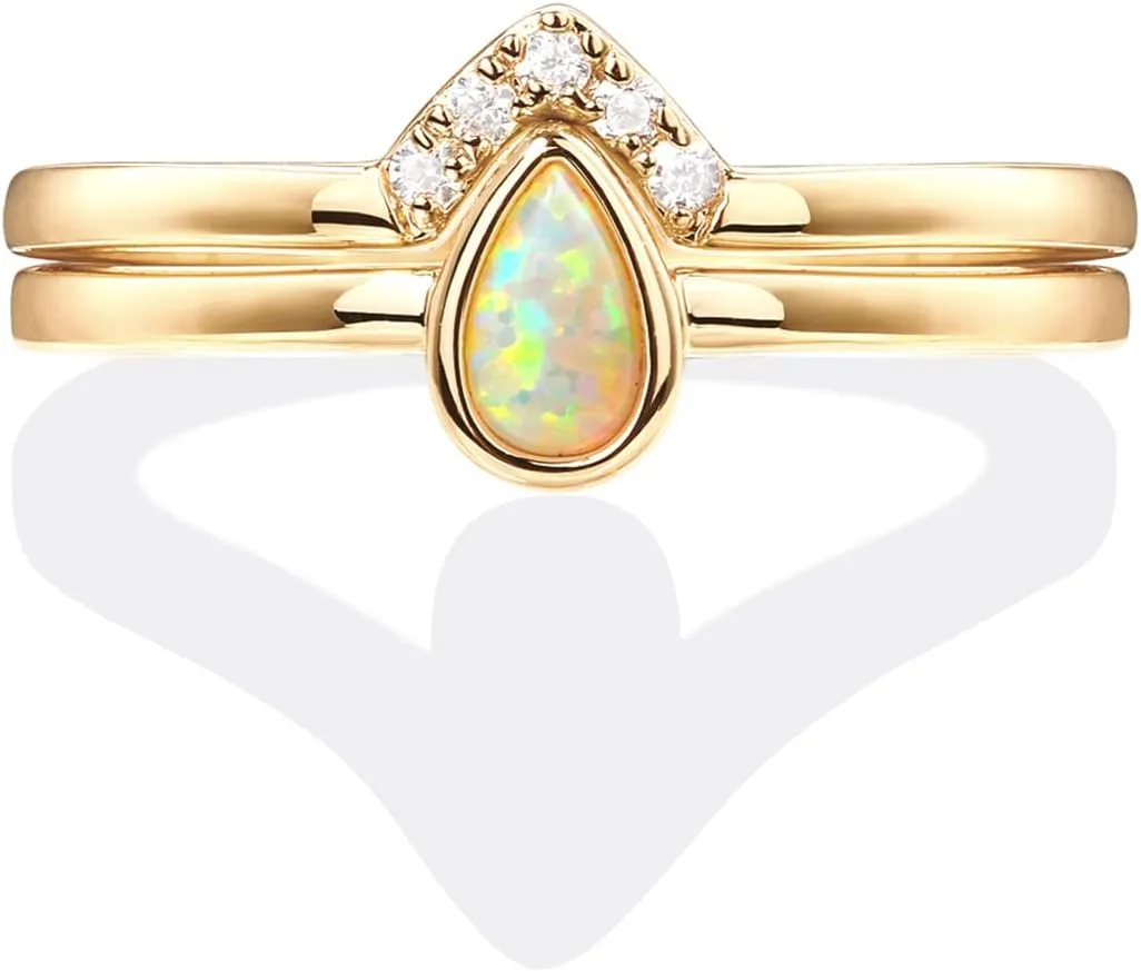 PAVOI 14K Gold Plated Stacking Rings for Women | Classy Design with Sparkling Cubic Zirconia Crystals & Opal | Everyday Jewelry