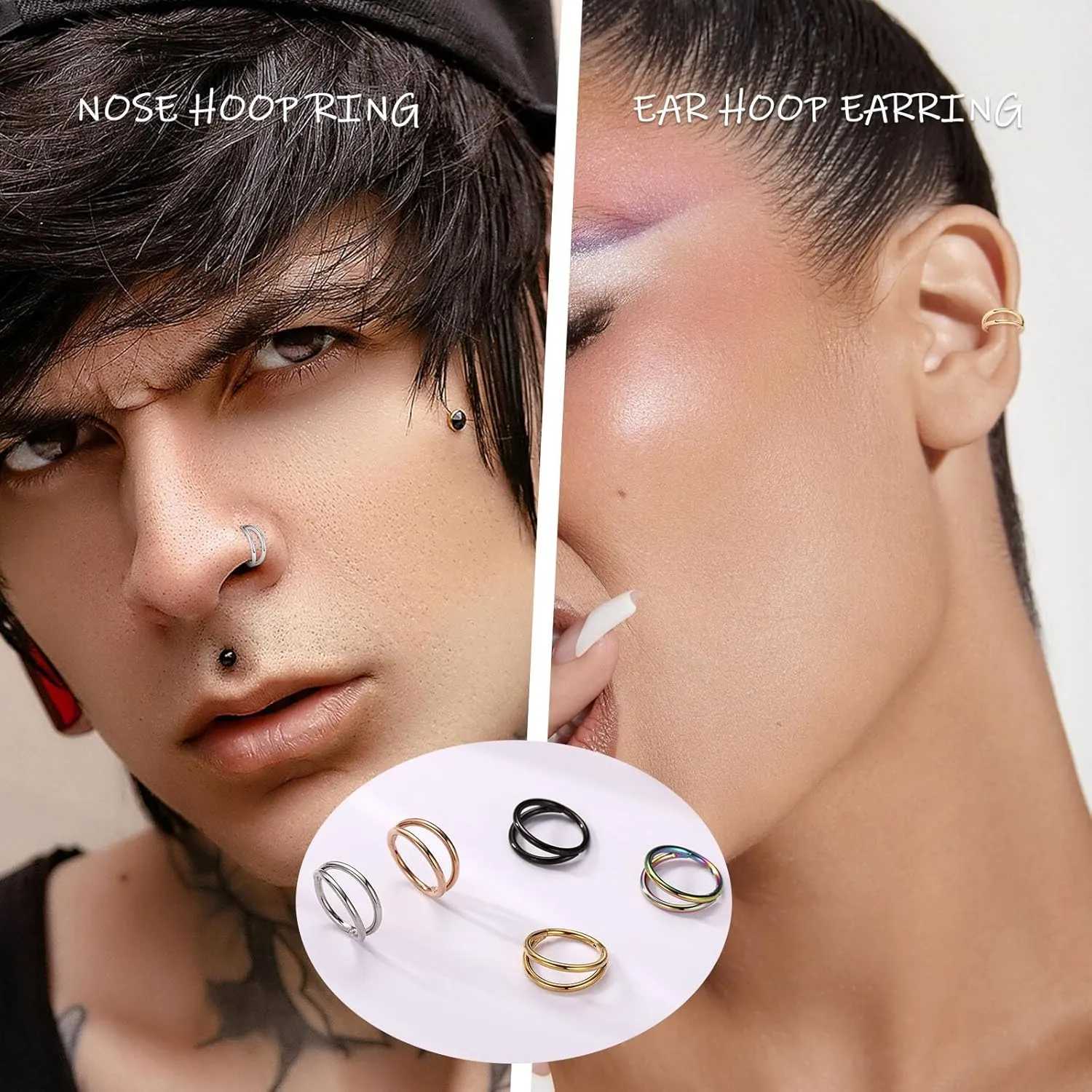 PEAKLINK 5 PCS Double Nose Hoop Rings Sets Conch Hoop Earring Surgical Steel Cartilage Helix Piercing 20G 18G 16G Septum Ring Earlobe Daith Jewelry Rook Tragus Hoop Earrings 6mm to 10mm