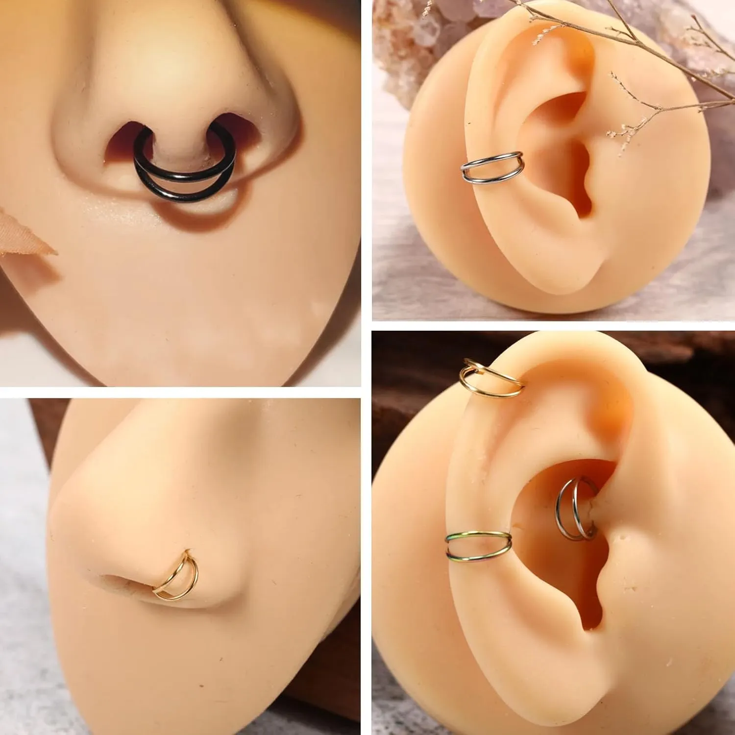 PEAKLINK 5 PCS Double Nose Hoop Rings Sets Conch Hoop Earring Surgical Steel Cartilage Helix Piercing 20G 18G 16G Septum Ring Earlobe Daith Jewelry Rook Tragus Hoop Earrings 6mm to 10mm