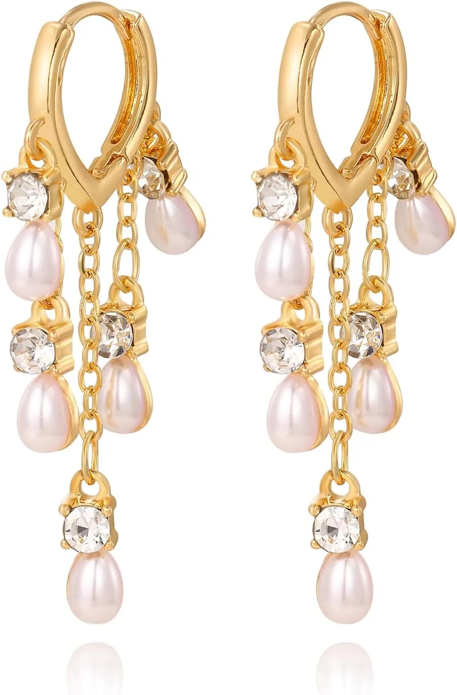 Pearl Drop Hoop Earring for Women, Dainty Zirconia Rhinestone Dangling Hypoallergenic Earrings for Women Trendy Prom Party Jewelry Gift