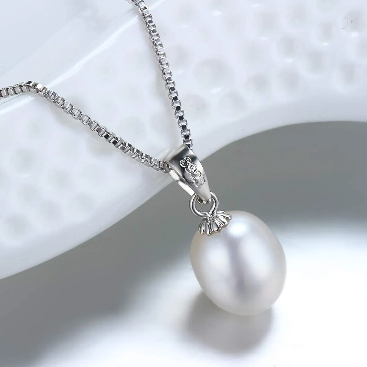 Pearl Jewelry Set For Women Pearl Pendant Necklace & Pearl Earrings with Sparkling Rhinestones 925 Sterling Silver Freshwater Pearl Drop Jewelry Set for Wedding Prom Gift