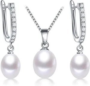 Pearl Jewelry Set For Women Pearl Pendant Necklace & Pearl Earrings with Sparkling Rhinestones 925 Sterling Silver Freshwater Pearl Drop Jewelry Set for Wedding Prom Gift