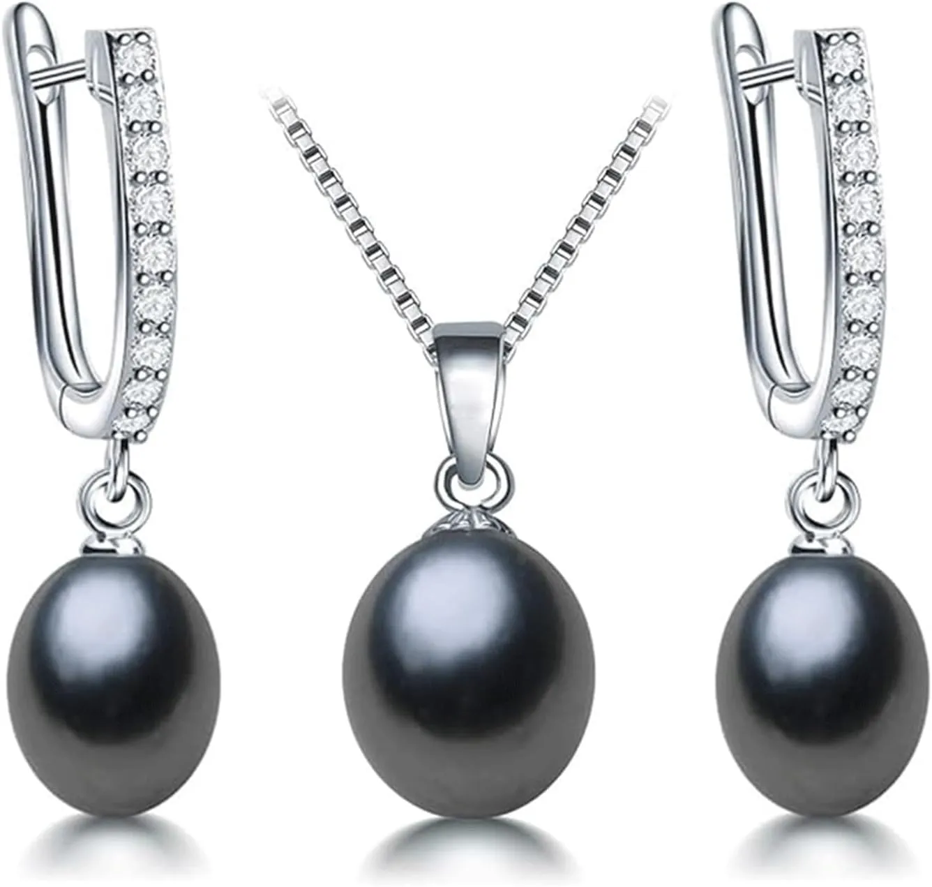 Pearl Jewelry Set For Women Pearl Pendant Necklace & Pearl Earrings with Sparkling Rhinestones 925 Sterling Silver Freshwater Pearl Drop Jewelry Set for Wedding Prom Gift