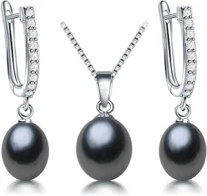 Pearl Jewelry Set For Women Pearl Pendant Necklace & Pearl Earrings with Sparkling Rhinestones 925 Sterling Silver Freshwater Pearl Drop Jewelry Set for Wedding Prom Gift