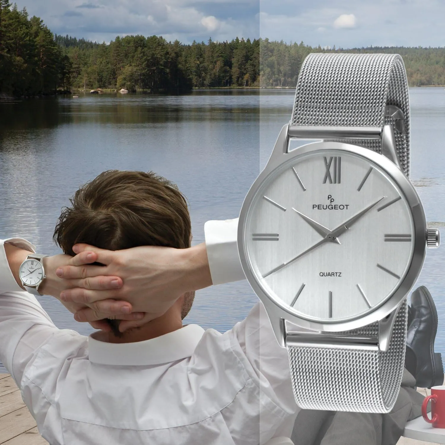 Peugeot Men's Silver Slim Case Stainless Steel Mesh Dress Watch