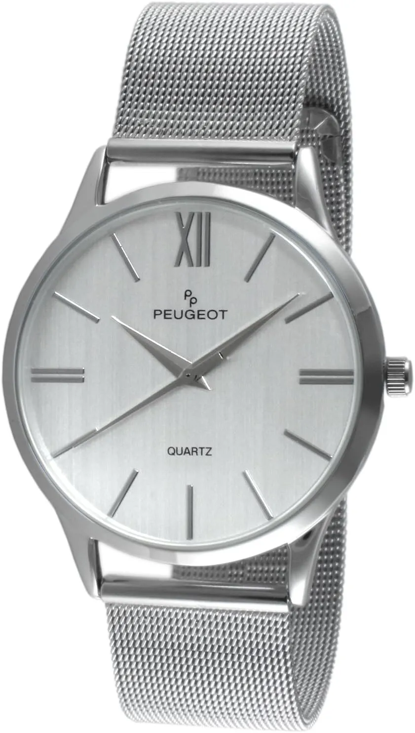 Peugeot Men's Silver Slim Case Stainless Steel Mesh Dress Watch