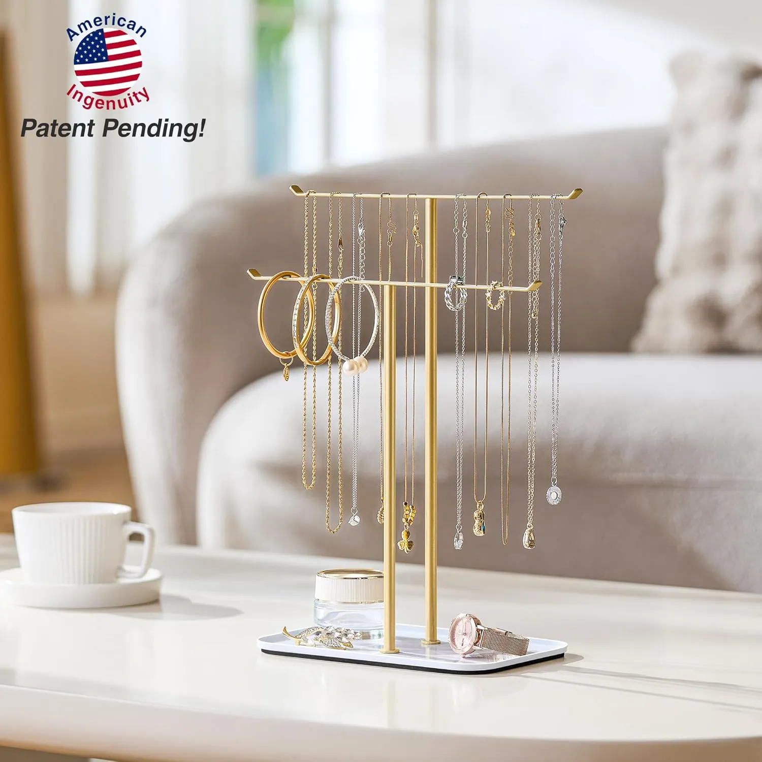 pickpiff Necklace Holder Jewelry Organizer Stand  2Tier TBar Jewelry Display Tree with Tray for Countertop Necklace Bracelet Earring Storage, Vanity Dresser Bathroom Sink, Gold