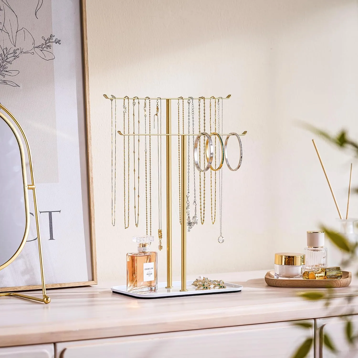 pickpiff Necklace Holder Jewelry Organizer Stand  2Tier TBar Jewelry Display Tree with Tray for Countertop Necklace Bracelet Earring Storage, Vanity Dresser Bathroom Sink, Gold