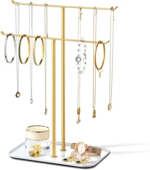 pickpiff Necklace Holder Jewelry Organizer Stand  2Tier TBar Jewelry Display Tree with Tray for Countertop Necklace Bracelet Earring Storage, Vanity Dresser Bathroom Sink, Gold