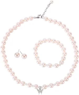 Pink 8mm 14.5inch Faux Glass Imitation Crystal Glass Imitation Pearls Necklace Bracelet Earring Butterfly Pendant Jewelry 3 set for Girls Kids