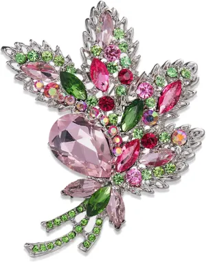Pink Crystal Floral Encrusted Pin, Austria Crystal Leaf Shaped Brooch and Pin, Rhinestone Brooches Lapel Pins for Hats Scarf Tie Wreath Garments Decoration Accessories for Women