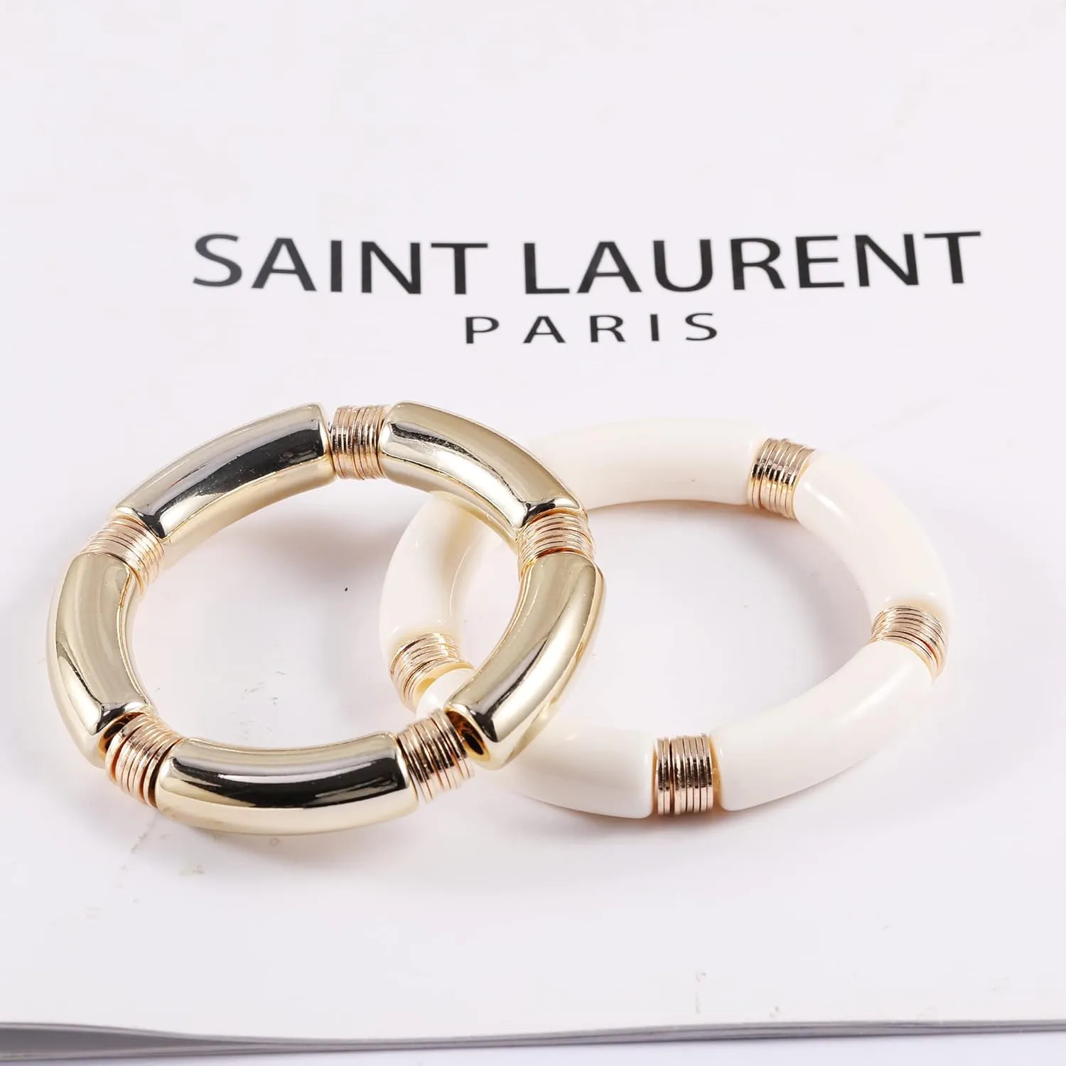 PIPITREE Bamboo Tube Bangles Bracelet For Women Chunky Curved Stacking Clear Acrylic Colorful Beads Stretchable Gold Bracelets Friendship Summer Beach Jewelry