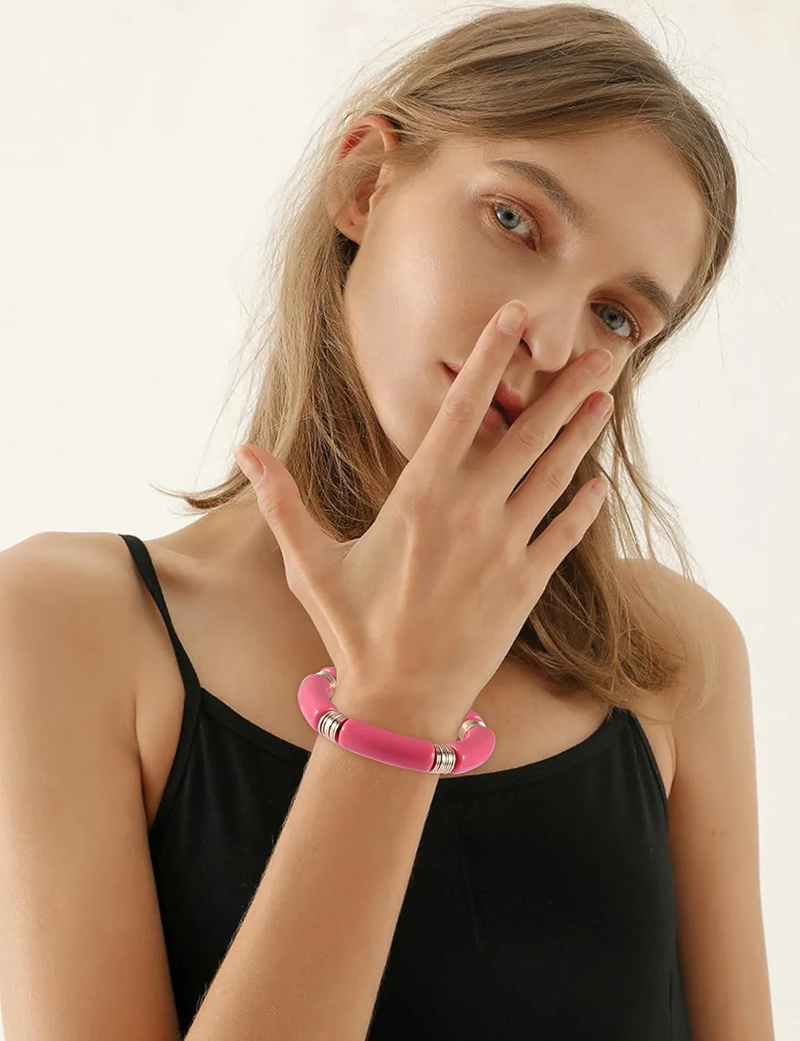 PIPITREE Bamboo Tube Bangles Bracelet For Women Chunky Curved Stacking Clear Acrylic Colorful Beads Stretchable Gold Bracelets Friendship Summer Beach Jewelry