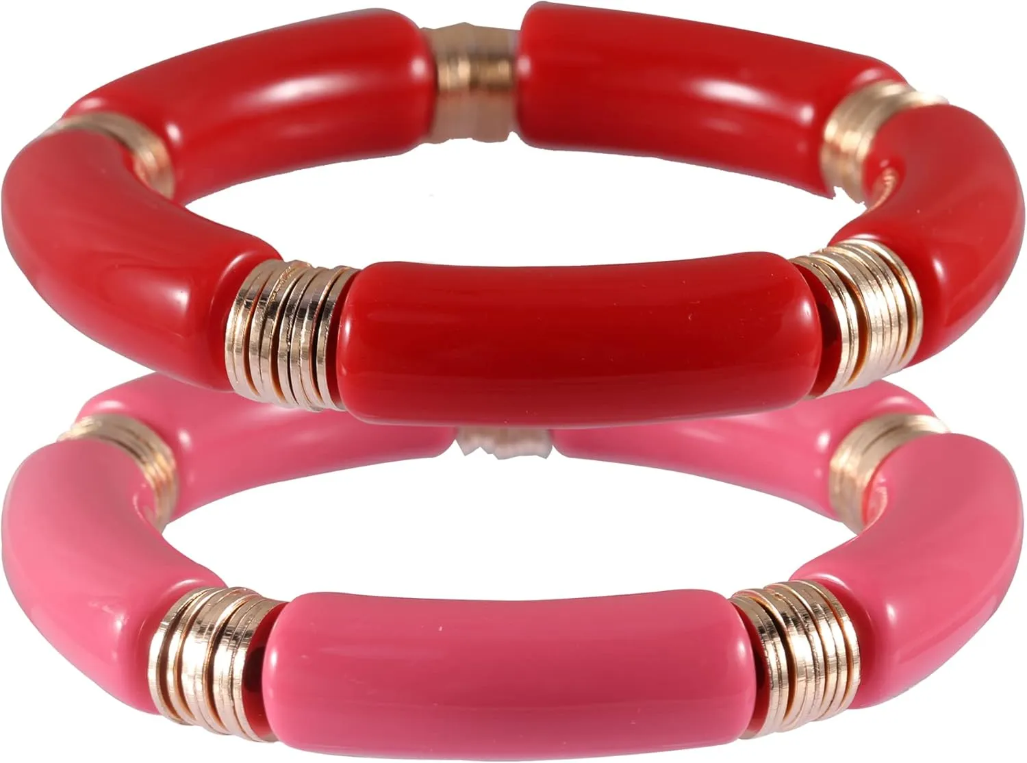 PIPITREE Bamboo Tube Bangles Bracelet For Women Chunky Curved Stacking Clear Acrylic Colorful Beads Stretchable Gold Bracelets Friendship Summer Beach Jewelry