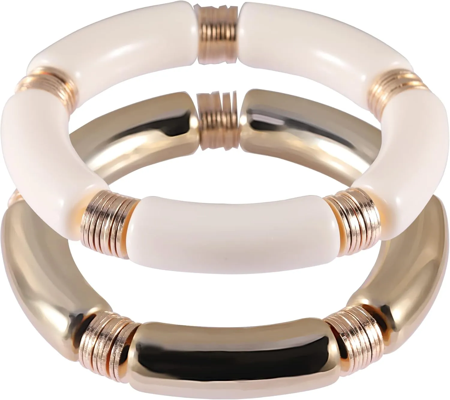 PIPITREE Bamboo Tube Bangles Bracelet For Women Chunky Curved Stacking Clear Acrylic Colorful Beads Stretchable Gold Bracelets Friendship Summer Beach Jewelry