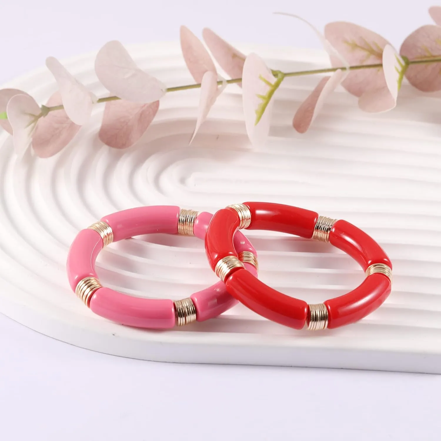 PIPITREE Bamboo Tube Bangles Bracelet For Women Chunky Curved Stacking Clear Acrylic Colorful Beads Stretchable Gold Bracelets Friendship Summer Beach Jewelry