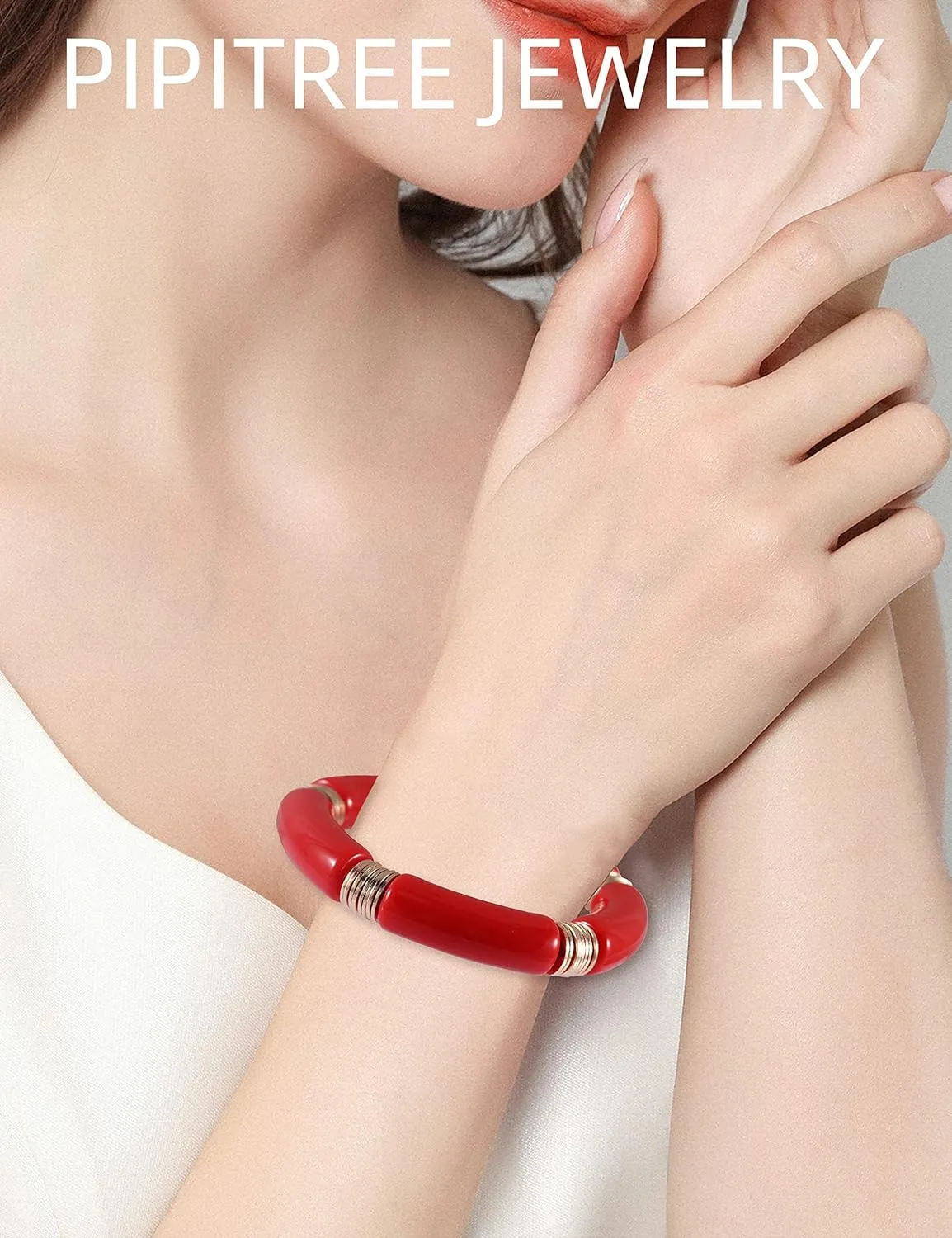 PIPITREE Bamboo Tube Bangles Bracelet For Women Chunky Curved Stacking Clear Acrylic Colorful Beads Stretchable Gold Bracelets Friendship Summer Beach Jewelry