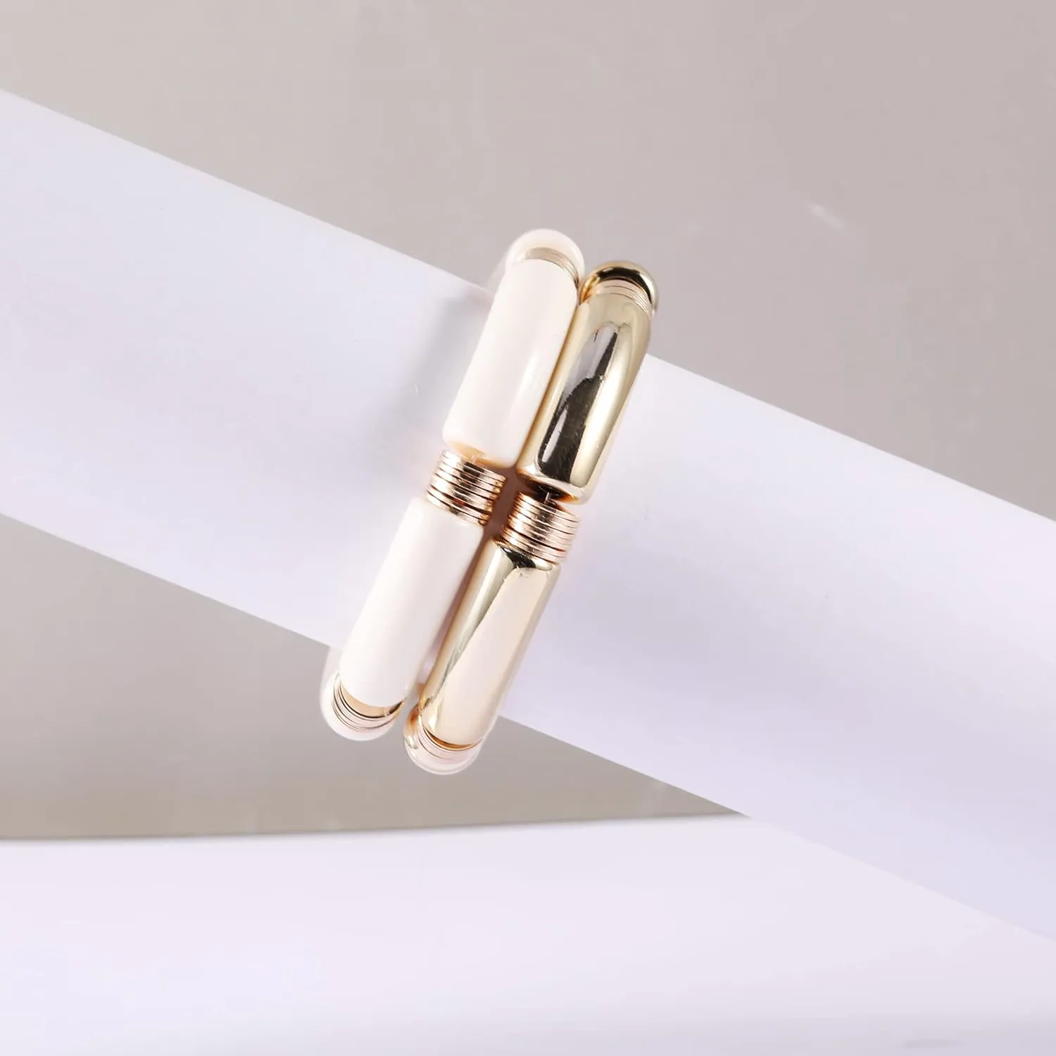 PIPITREE Bamboo Tube Bangles Bracelet For Women Chunky Curved Stacking Clear Acrylic Colorful Beads Stretchable Gold Bracelets Friendship Summer Beach Jewelry